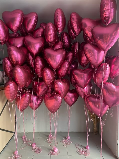 Pink Heart Balloons Aesthetic, Valentines Day Balloon Garland, Pink Heart Balloons, Valentines Day Balloons, Pomegranate Color, Sweet 16 Themes, Valentines Party Decor, Pop Art Decor, Park Birthday