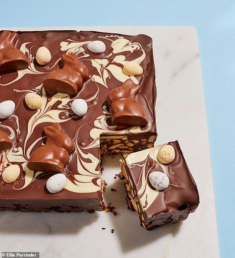 Let's celebrate: Easter chocolate fridge cake | Daily Mail Online Fudge Ideas, Easter Bakes, Chocolate Fridge, Amazing Christmas Desserts, Chocolate Fridge Cake, Baking Easter, Nuts And Dried Fruit, Chocolate Easter Cake, Rich Tea Biscuits