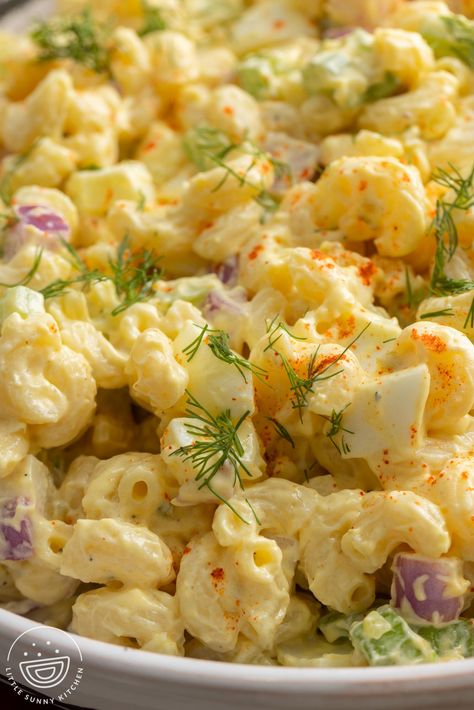 This easy Deviled Egg Pasta Salad is perfect for a BBQ, with the creamiest, most flavorful dressing and crunchy veggies. Egg Salad With Pasta, Egg Salad Pasta Recipe, Pasta Egg Salad Recipes, Devil Egg Pasta Salad Recipe, Pasta Salad With Egg, Deviled Eggs Salad, Deviled Egg Salad Recipe, Deviled Egg Pasta Salad Recipe, Deviled Egg Pasta Salad