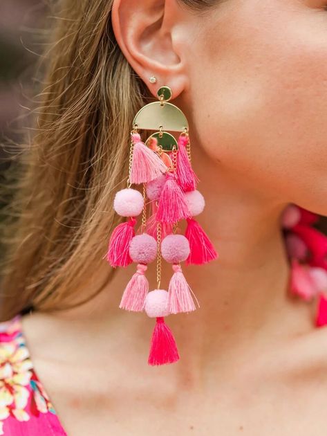 Big Colorful Earrings, Boho Fashion Bohemian, Bold Earrings, Pink Tassel, Mint Julep Boutique, Colorful Earrings, Pink Turquoise, Pink Earrings, Vacation Beach