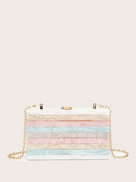 Free Returns ✓ Free Shipping On Orders $49+ ✓. Colorblock Chain Box Bag- Women Evening & Clutch at SHEIN. Acrylic Bag, Acrylic Clutch, Striped Bags, Pastel Stripes, Floral Bags, Box Clutch, Ladies Clutch, Mini Purse, Box Bag