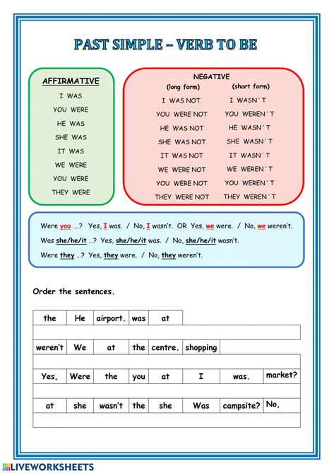 Past Tense Verbs Worksheets, Regular Past Tense Worksheet, To Be Past Tense, Past Simple Regular Verbs Worksheets, Verb To Be Past, Simple Past Tense, Short Form, Esl Resources, Past Tense