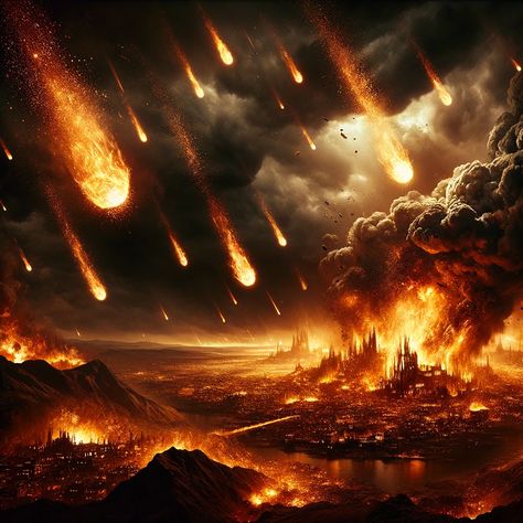 A dramatic, high-quality depiction of Sodom and Gomorrah being struck by fire and brimstone. The cities are engulfed in flames, with fiery meteor-like brimstone falling from a dark, ominous sky. The image captures the intensity and destructive power of this biblical event, emphasizing the theme of divine wrath. Destruction Of Sodom And Gomorrah, Planet Destruction Art, Burning City Art, Fire Cult, Destruction Aesthetic, Destruction Power, World Burning, Sodom Gomorrah, City Destruction