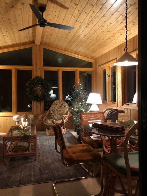 Four Season Porch, Porch Heater, Sunroom Renovation, Cedar Porch, Black Wood Dining Table, Knotty Pine Paneling, 3 Season Porch, Three Season Porch, 3 Season Room