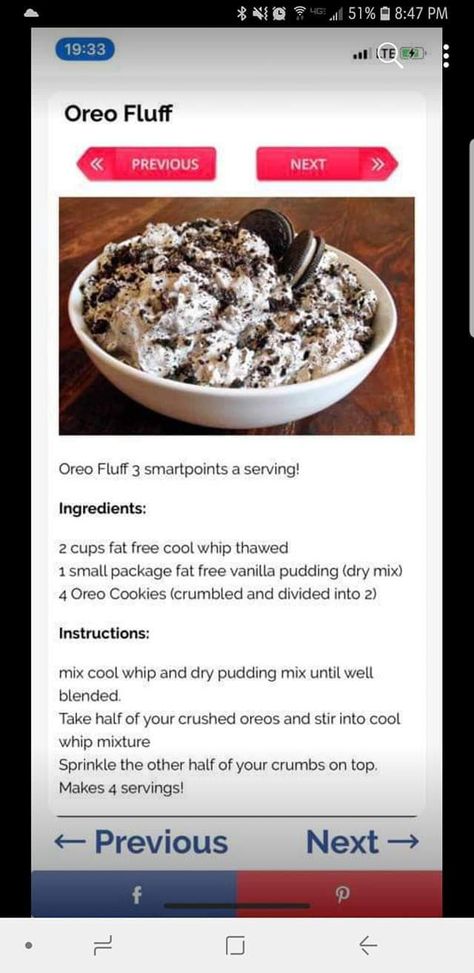 Oreo fluff Healthy Oreo Fluff, Weight Watchers Oreo Fluff, Low Calorie Oreo Fluff, Oreo Fluff Recipe, Oreo Fluff Dessert, Oreo Ideas, Healthy Dip Recipes, Cheap Healthy Snacks, Oreo Fluff