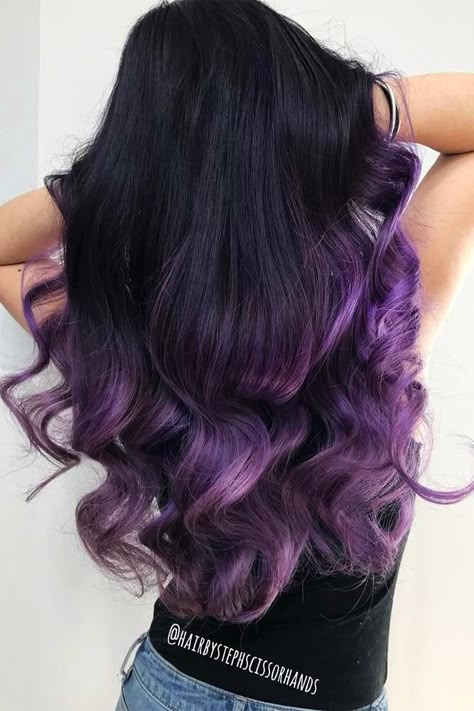 Black Hair With Purple Balayage, Plum Ombre Hair, Black To Purple Ombre Hair, Streaks Highlights, Hair Colora, Dark Purple Hair Color, Purple Streaks, Purple Balayage, Dark Ombre