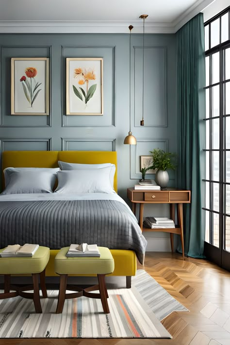 Mustard Upholstered Bed, Yellow Bed Bedroom Ideas, Yellow Upholstered Bed, Yellow Bed Bedroom, Grey And Mustard Bedroom Ideas, Yellow Bedding Ideas Bedroom, Yellow Headboard Bedroom Ideas, Yellow Bed Ideas, Mustard Yellow Bedroom Walls