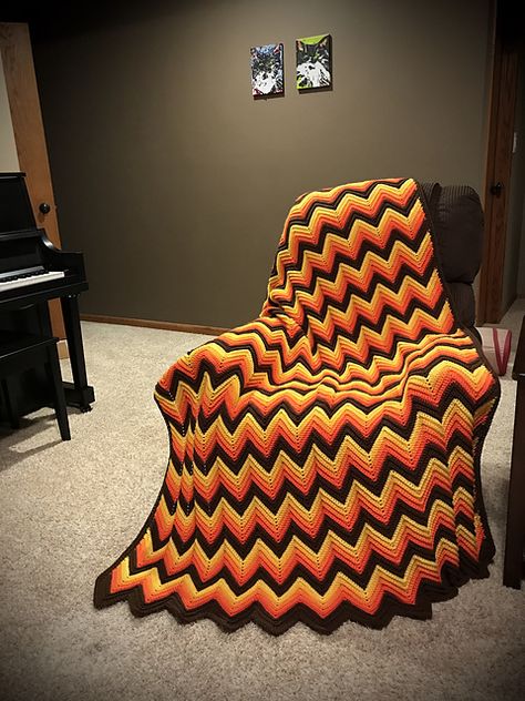 Ravelry: toriellen's Hubs’ classic 70s sc ripple! 70s Afghan Blanket, 70’s Crochet Blanket, 70s Crochet Blanket, 70s Blanket, Chevron Crochet Blanket Pattern, 70s Crochet, Orange Blanket, Crochet Blanket Chevron, Sewing Jeans