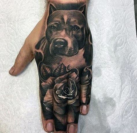 The best Pitbull tattoos ever? Pretty sure this is it. These pitbull dog tattoos will make you want to get inked. #pitbull #tattoo #tattoos #design #ideas #pitbulls Herren Hand Tattoos, Pitbull Tattoo, Dog Memorial Tattoos, Bull Tattoos, Half Sleeve Tattoos For Guys, Memorial Tattoos, Hand Tattoos For Guys, Custom Tattoo Design, Best Tattoo Designs