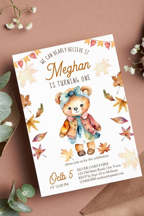 Bearly believe it teddy bear birthday party template invitation for a girl cute teddy  fall themed Teddy Bear Birthday Party, Fall Birthday Party, Birthday Party Template, Baby Birthday Party Theme, Teddy Bear Baby Shower Invitations, Teddy Bear Party, Fall Birthday Parties, Teddy Bear Birthday, Bear Birthday Party