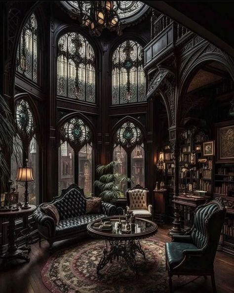 Gothic Manor Living Room, Goth Library Aesthetic, Victorian Closet Ideas, Grunge House, Dark Cottagecore House, Academia House, Gothic Office, Goth Architecture, Gothic Style Architecture