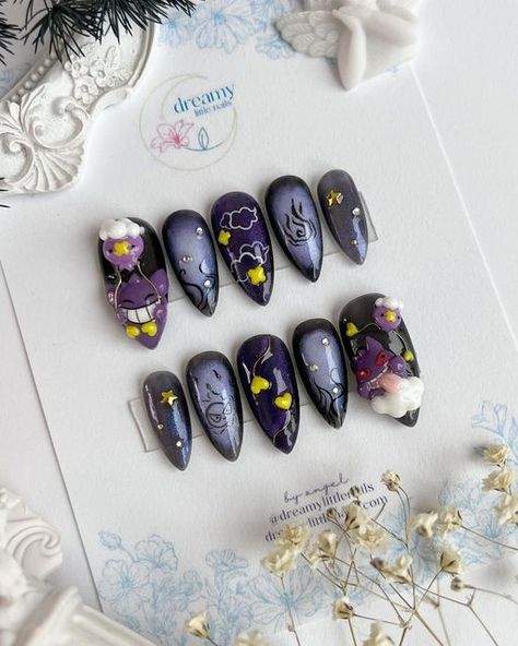 Gengar Nail Art, Togepi Nails, Pokemon Nails Designs, Thumb Nail Design, Gengar Nails, Drifloon Pokemon, Pokemon Nail Art, Pokemon Nails, Nerdy Nails