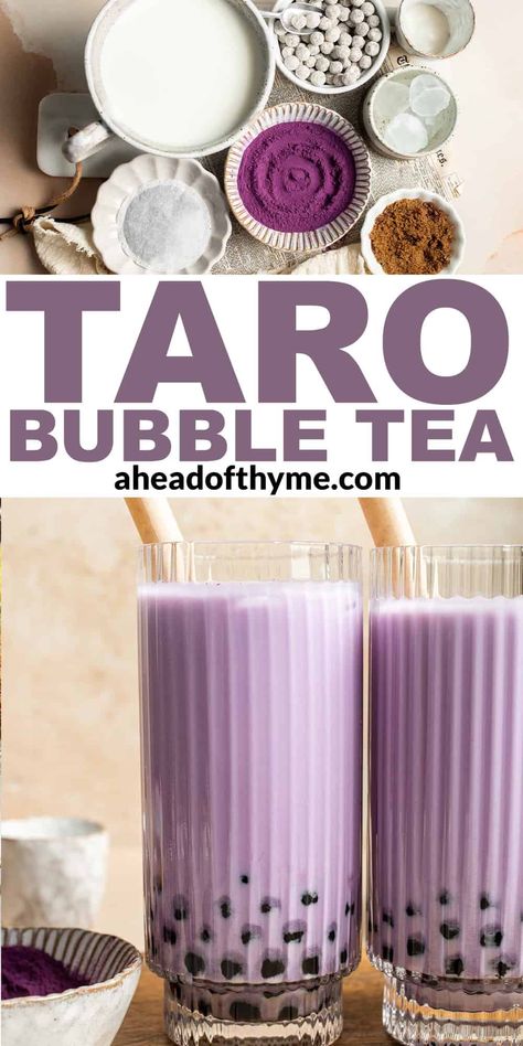 Homemade Taro Bubble Tea is cold and creamy with a nutty vanilla flavor, a vibrant purple color, and little pops of chewy boba pearls. It's the perfect cold drink for hot days! The best part? It is a lot easier to make at home than you think! This taro milk tea recipe uses taro powder instead of fresh taro root, which makes it very easy to prepare. Just grab a few basic supplies from your local Asian market and make it any time you want! | aheadofthyme.com #tarobubbletea #taro via @aheadofthyme Hot Boba Drinks, How To Make Taro Milk Tea, Taro Powder Recipes, Taro Boba Tea Recipe, Taro Tea Recipe, Mango Boba Tea Recipe, Taro Recipes Food, Boba Cart, Make Boba At Home