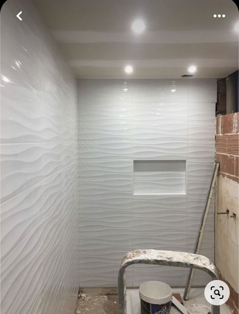 Wavy White Tile Bathroom, Long Shower Ideas, Wave Tile Bathroom Shower Walls, White Wave Tile Bathroom Showers, Wavy Tile Bathroom Showers, 3d Tiles Bathroom, White Tile Bathroom Walls, Anatolia Tile, Trendy Bathroom Tiles