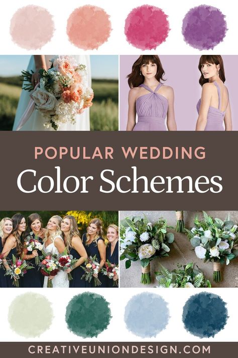 Struggling to decide on your wedding color scheme? Get inspired with our color palettes for your bridesmaid dresses, decorations, stationery, favors and more! Family Wedding Color Scheme, Wedding Shower Color Schemes, Country Wedding Color Schemes Spring, Rustic Wedding Colors Summer, Summer Mountain Wedding Color Palette, Wedding Color Schemes April, Engagement Party Color Schemes, Summer Wedding Color Palette 2025, Spring Color Palette Wedding