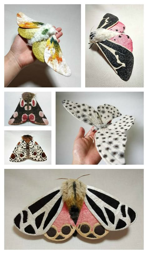 Yumi Okita creates moths & butterflies with hand painted cotton fabric which she embroiders with layers of threads to create texture & color. Yumi Okita, Moth To A Flame, I Am Calm, Cute Moth, Moths And Butterflies, Fiber Sculpture, Moth Art, Textile Sculpture, Hand Painted Fabric