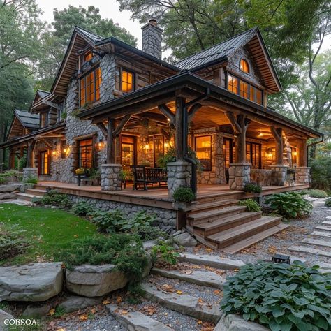 Houses In The Woods, Muskoka Cottage, Stone Cabin, Rustic House Plans, Stone And Wood, Build A Home, Cabin Exterior, Rustic Home Design, Barn Style House