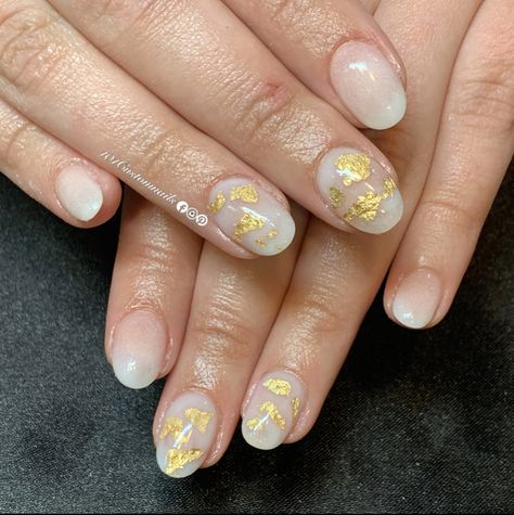 Metallic Flake Nails, Nail Inspo Gold Flakes, Short Nails Gold Flakes, Short Acrylic Nails Gold Flakes, Natural Nails Gold Flakes, Tan Nails With Gold Flakes, Gold Flake Nails, Gold Flake, Gold Flakes