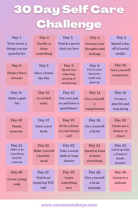 Self Care For Each Day Of The Week, 30 Days Of Self Care, 30 Day Self Care Challenge, 30 Day Self Care, Importance Of Self Care, Self Care Challenge, Happiness Challenge, Self Care Bullet Journal, Love Thoughts