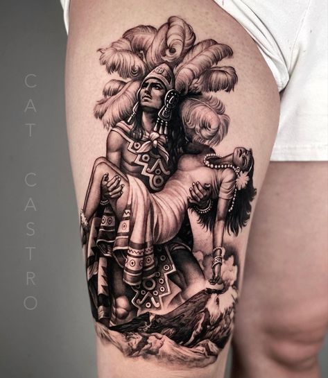 Aztec Carrying Woman Tattoo, Female Aztec Warrior Drawing, Popocatépetl And Iztaccíhuatl Tattoo, Aztec Warrior Holding Woman, Aztec Warrior Princess Tattoo, Mexican Heritage Tattoos, Tattoos With Deep Meaning, Aztec Warrior Tattoo, Aztec Tattoos Sleeve