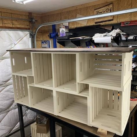 Wood Crate Comic Book Cabinet - RYOBI Nation Projects Crates For Books, Crate Cabinet Diy, Wood Crate Kitchen Cabinets, Shelves Out Of Crates, Crate Entertainment Center Diy, Diy Wood Crate Shelves, Crate Shelves Kitchen, Diy Wood Crates How To Make, Crate Wall Display