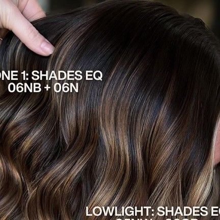 Redken on Instagram: "Loving how @hairbyhanwatt executed this beautiful, dimensional brunette 😍 The goals were to add dimension blended out from the dark root and to keep the hair healthy for growth. Shades EQ mission accomplished. ✨  Hannah's pro tip: "I sliced the lowlights in directly below the teasylights so that the lowlights really popped from the contrast!"  The #RedkenRecipe using #ShadesEQ:  🖤 Starting level: 5/6 with 7/8 mids + ends 🩷 Root Smudge: 06NB + 06N (equal parts) 🩷 Lowlight: 05NW + 06GB (equal parts)  🩷 Gloss on level 8/9 lift: 08VG (1/2oz) + 08NA (1oz) + 09NB (1oz) + 000 (1/2oz)  Shades EQ is the #1 demi in the world* because it can do it all: root smudge ✔️ lowlight ✔️ unmatched shine ✔️  *Kline's 2022 Professional Hair Color Market Research in 10 countries" Level 7 Hair With Lowlights, Redken 6nb Shades Eq, Shades Eq Brunette Formulas, 7nb Shades Eq, Level 8 Shades Eq Formula, Level 7 Shades Eq Formulas, Brunette Formulas, Root Smudge, Dimensional Brunette