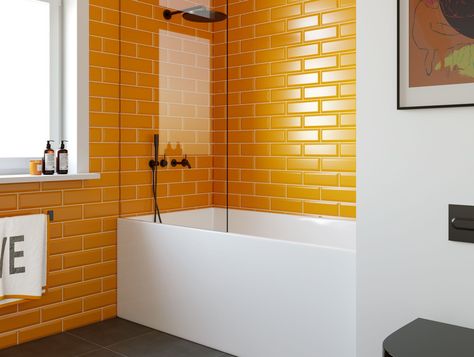 Orange Bathroom Tiles, Bathroom Wall Design Ideas, Small Funky Bathroom Ideas, Yellow Tile Bathroom Ideas, Orange Bathroom Walls, Orange Bathroom Ideas, Bathroom Wall Design, Metro Tiles Bathroom, 1950s Interior Design