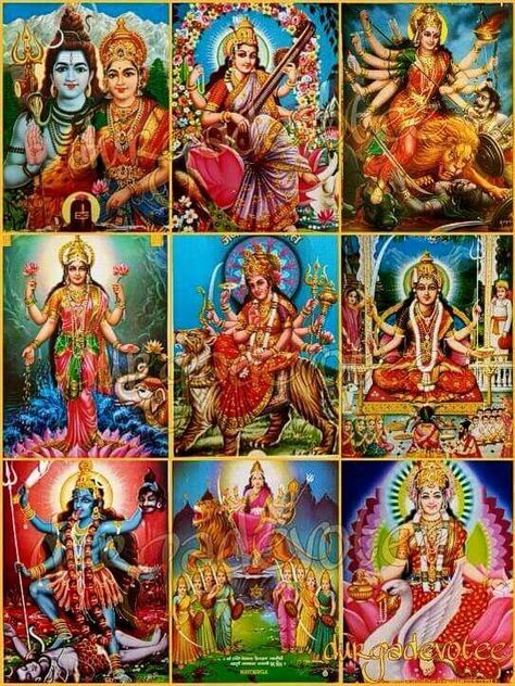 . God Collage, Tri Devi, Nava Durga, Devi Shakti, Durga Face, Nav Durga, Hindu Goddesses, Adi Shakti, Durga Pooja