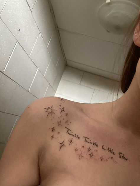 Name With Stars Tattoo, Meaningful Star Tattoos, Twinkling Star Tattoo, Sparkle Shoulder Tattoo, Collar Bone Tattoos For Women Quotes, Star Collar Bone Tattoo, Tattoo Ideas Collar Bone For Women, Shoulder Collar Bone Tattoo For Women, Twinkle Star Tattoo