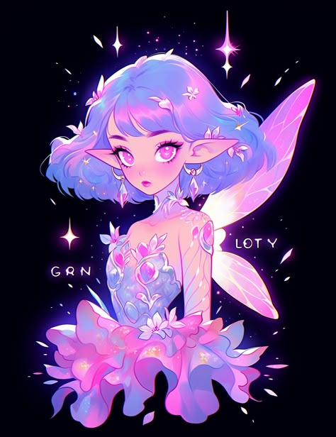 Cute Fairy Character Design, Purple Fairies Aesthetic, Purple Fairy Drawing, Purple Fairy Character Design, Flower Fairy Art Anime, Purple Hair Girl Art, Korean Art, Dreamy Art, Fairy Art