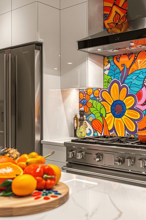 31 Unbelievable Ceramic Backsplash Ideas from Around the World – A Must-See for Every Homeowner Funky Kitchen Backsplash Ideas, Whimsical Kitchen Backsplash, Floral Tile Backsplash Kitchen, Floral Backsplash Kitchen, Painted Kitchen Backsplash Ideas, Fun Kitchen Backsplash, Unique Backsplash Ideas, Geometric Tile Backsplash, Colorful Kitchen Backsplash