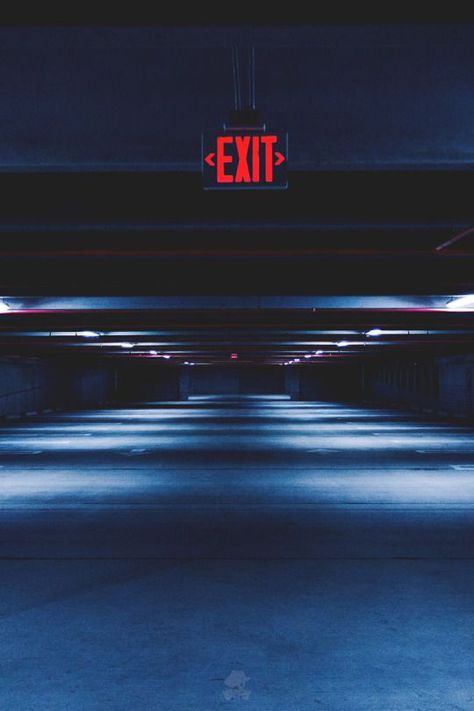 empty parking garage (I really hate parking garages) New Retro Wave, Exit Sign, Neo Noir, Parking Garage, Foto Art, Urban Photography, Blue Aesthetic, Night Photography, City Lights