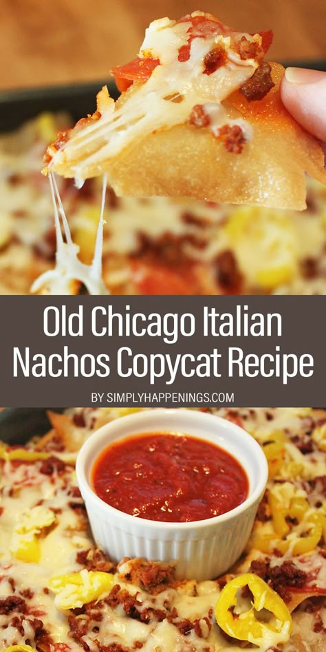 Old Chicago Italian Nachos Copycat Recipe: Italian nachos with pepper rings, Italian sausage crumbles, pepperoni, mozzarella cheese, and crispy fried wonton chips served with marinara dipping sauce. Fried Wonton Chips, Italian Nachos Recipe, Nacho Salat, Italian Nachos, Fried Wonton, Pepper Rings, Wonton Chips, Nachos Recipe Easy, Recipe Italian