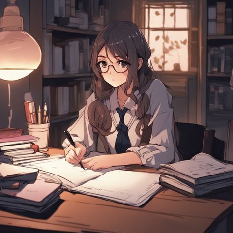 Anime Writing Pose, Anime College Student, Girl Studying Illustration, Studying Pose, Nerd Girl Aesthetic, Anime Study Aesthetic, Reading Manga Aesthetic, Study Widget, Study Art Anime