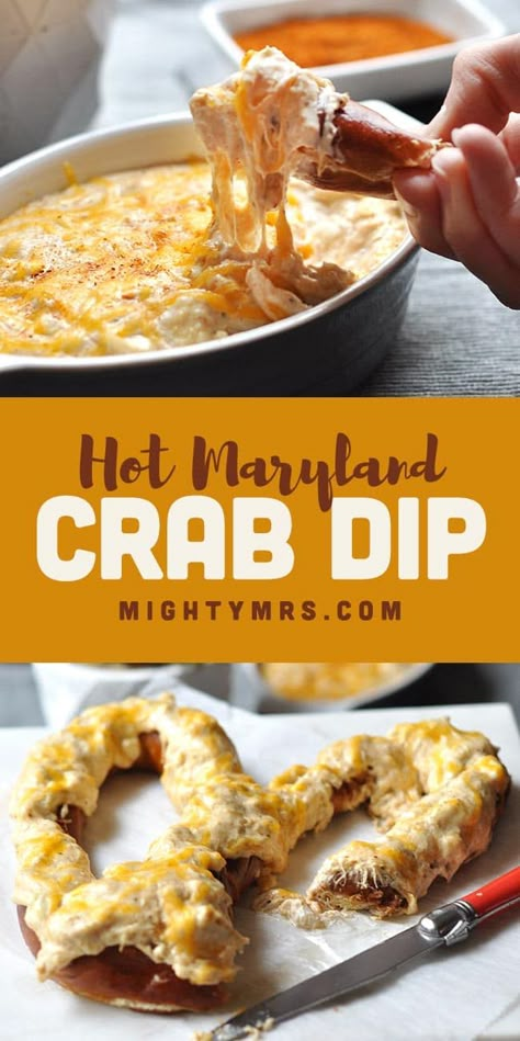 Hot Maryland Crab Dip Crab Pretzel Recipe, Old Bay Crab Dip, Maryland Crab Dip, Pretzel Nuggets, Hot Crab Dip Recipe, Bread Chips, Crab Dip Recipe, Jumbo Lump Crab, Appetizers Easy Dips