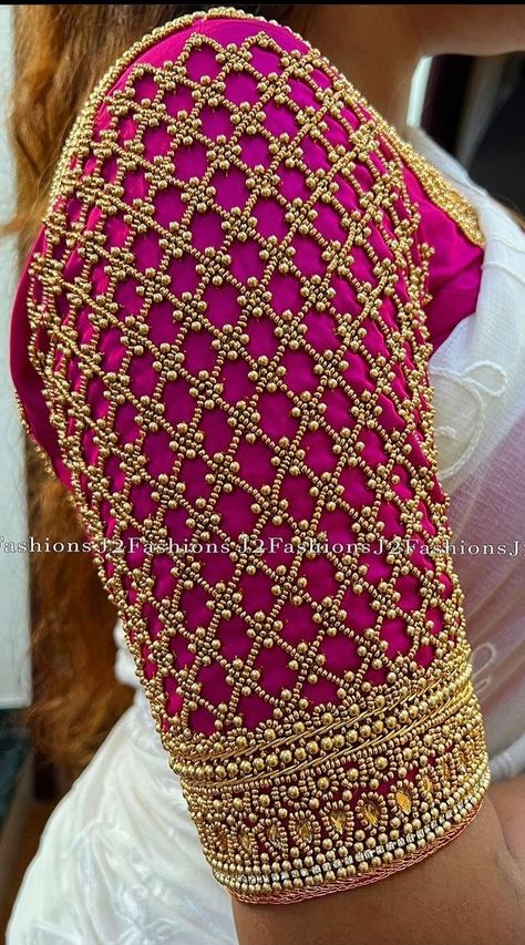 Aari Work Blouse Wedding Design, Maggam Work With Beads, Blouse Designs Embroidery Wedding, Checks Aari Work Blouse Designs, Blouse Hand Designs Work, Mugurtham Blouse Aari Work, Bridal Aari Work Blouse Designs Hand, Aari Work Blouse Checked Design, Aari Work Blouse For Wedding