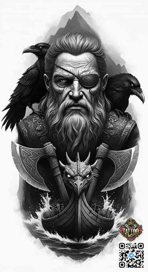 Odin Tattoo Design Norse Mythology, Vegvisir Tattoo Design, Odin Tattoos, Back Piece Tattoo Men, Odin Design, Odin Tattoo, Beast Tattoo, Viking Warrior Tattoos, Cute Tattoo Ideas