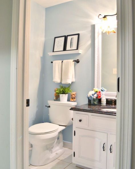 Powder Room Update Powder Room Accessories, Farmhouse Bathroom Remodel Ideas, Powder Room Update, Blue Powder Room, Powder Room Paint Colors, Farmhouse Powder Room, Powder Room Paint, Sleepy Blue, Tiny Powder Rooms