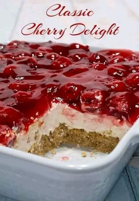 VALERIE BERTINELLI RECIPES | Classic Cherry Delight | My Country Table 🌞🧀🍞 | Facebook Pie Cherry Recipes, Classic Cherry Delight, Jello Trifle, Cherries Recipes, Tart Cherries Recipes, Cherry Delight Dessert, Cake Loaves, Refrigerated Desserts, Holiday Party Treats