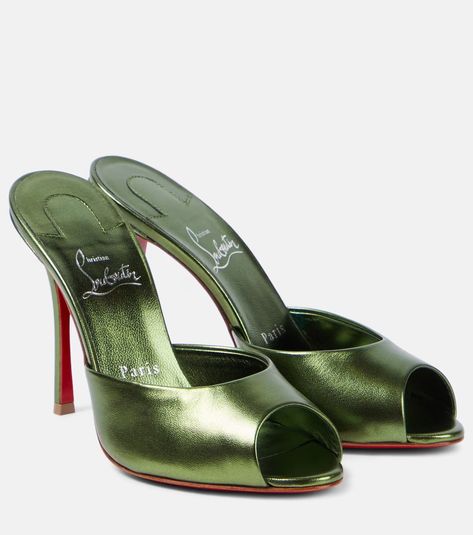 Me Dolly 100 metallic leather mules in green - Christian Louboutin | Mytheresa Louboutin Me Dolly, Louboutin Online, Spring Sunglasses, Minimal Shoes, High Sandals, Green Accessories, Bridal Bag, Designer Pumps, Boot Jewelry