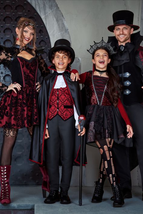 If your little one is thirsty for blood, this vampire deluxe costume is exactly what they need! Let your child drink their fill on Halloween when they wear this stylish vampire costume! Velvet top features bell sleeves and a ruffled collar with attached broach for authentic detail. Add the black pants and the included cape with velvet trim, and your kid will be ready to trick-or-treat in no time! Family Vampire Costume Halloween, Vampire Family Costume, Vampire Costumes For Kids, Vampire Costume Kids, Vampire Family, Vampire Costumes, Old Castle, Matching Costumes, Vampire Costume