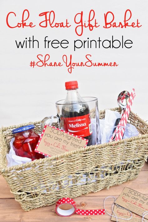 ‪#‎ShareYourSummer‬ with a @cocacola Float Gift Basket. Free Printable found here >>> http://wp.me/p2FRnd-clt Supplies from @walmart  ‪#‎ad‬ Coke Gift Basket Ideas, Coke Presents Gift Ideas, Coke Gift Ideas, Diet Coke Gift Basket, Jack And Coke Gift Basket, Coke Party, Coke Floats, Goft Ideas, Coke Gifts