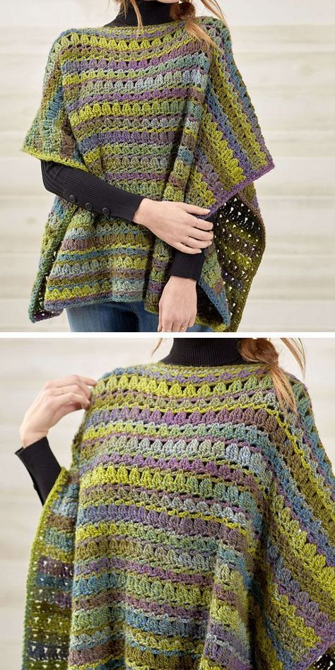 a woman wearing a crocheted striped poncho in multiple colors Crochet Poncho Free Pattern Woman, Crocheted Ponchos, Crochet Poncho Patterns Easy, Crocheted Sweaters, Pola Rok, Poncho Patterns, Diy Tricot, Winter Projects, Crochet Poncho Free Pattern