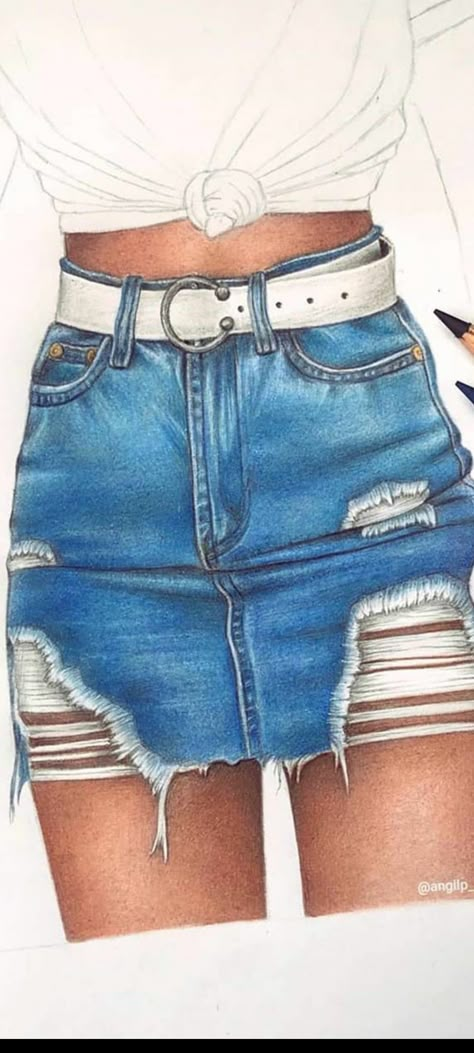 Jeans Texture Drawing, Denim Skirt Sketch, Denim Skirt Drawing, Denim Fashion Illustration, Puff And Paint, Neon Goth, Jean Skirt Fashion, Illustration Poses, Pants Drawing