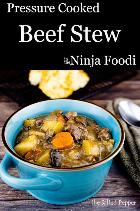 This delicious rich and hearty beef stew using the pressure cooking function on the Ninja Foodi or any electric pressure cooker is ready in a fraction of the time it takes in a slow cooker and the flavors are even better than when slow cooking. You are going to love this one! #NinjaFoodiBeefStew #NinjaFoodiRecipes #TheSaltedPepper Beef Stew In The Ninja Foodie, Ninja Foodie Beef Stew Recipe, Beef Stew Ninja Foodi Recipes, Beef Stew Ninja Foodi, Ninja Foodi Beef Stew Recipes, The Salted Pepper Ninja Foodi Recipes, Beef Stew In Ninja Foodi, Ninja Beef Stew Recipe, Ninja Foodi Stew Recipe