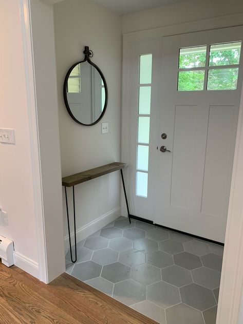 Gray Hexagon Tile Floor, Foyer Tile Ideas, Entryway Tile Floor, Hexagon Tile Kitchen, Coastal Tile, Gray Hexagon Tile, Hexagon Tile Bathroom Floor, Tile To Wood Transition, Hexagon Tile Bathroom