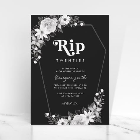 Black 30th Birthday Party, Rip To My Twenties, Rip 20s, 30th Birthday Party Themes, Twenties Party, 30th Bday Party, 30th Birthday Themes, 30th Birthday Bash, Surprise Party Invitations