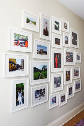 photo collage tips Photowall Ideas, Frame Wall Collage, Photo Arrangement, Family Photo Wall, Photo Wall Gallery, White Frames, Gallery Wall Frames, Picture Collage Wall, Hanging Photos