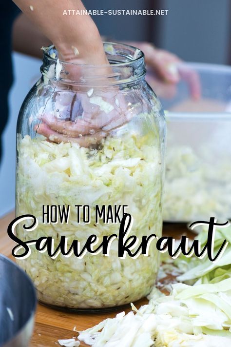 hand pressing cabbage into a large glass jar Homemade Sauerkraut Recipes Fermenting, Canning Saurkraut Recipes, Sauerkraut Recipes For Canning, Diy Sourkrout, Saurkraut Recipes Fermented, Fresh Sauerkraut Recipes, Saurkraut Recipes Homemade Quick, How To Make Sauerkraut In A Jar, How To Make Saurkraut Recipes