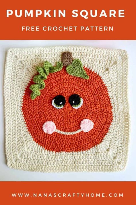 This cute pumpkin square is a free crochet pattern by Nana's Crafty Home! This adorable large granny square works up quickly and is part of the Fall Squares Blanket - with 9 unique fall themed squares! Make as a pillow or a pumpkin throw for another fun option! Pumpkin Granny Square, Large Granny Square Pattern, Halloween Granny Square, Easy Pumpkin Designs, Thanksgiving Crochet Patterns, Large Granny Square, Crochet Cal, Kare Motif, Blanket Squares